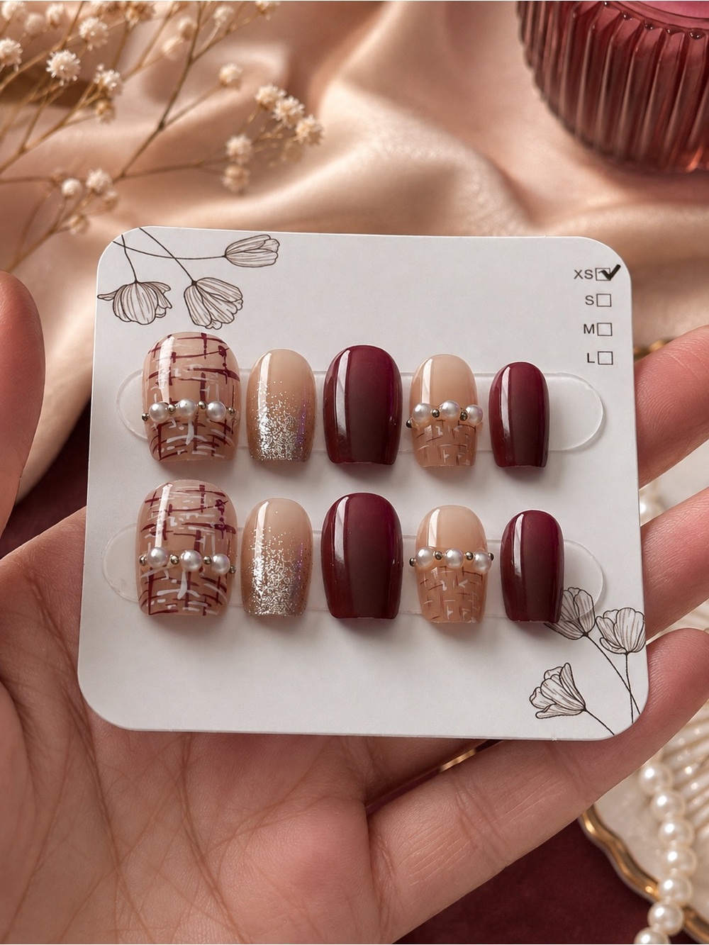 Burgundy & Nude Press-On Nail Set with Pearl and Glitter Accents